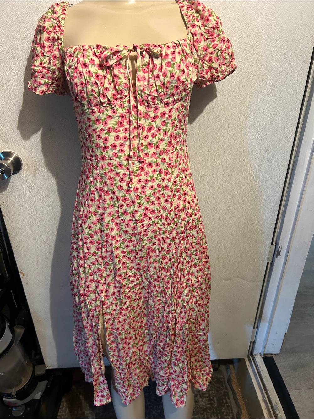 SHEIN Pink Floral Tie-Front Midi Dress